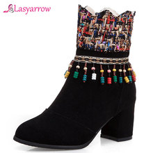 Lasyarrow-zapatos de tacón alto con flecos aterciopelados para mujer, botas de tacón grueso, color negro y rojo, J1009 2024 - compra barato