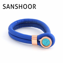 SANSHOOR Royalblue Cambio Leather Bracelet With 12MM Blue Crystal Magnet Coin for Women Gift 1pcs 2024 - buy cheap