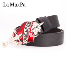 fashion LOVE men's belt sword buckle cowhide leather belt Love hurts red heart buckle belt heavy metal rock punk waistband 2024 - buy cheap