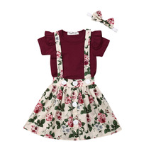 3 Pcs Suspender Roupas Bebê Recém-nascido Menina Babados Romper Manga Curta Top + Saia + Headband Roupa Floral Geral conjunto 2024 - compre barato