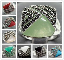 5 colores 14X15mm incrustación gema marcasita 925 plata esterlina joyería anillo Sz 7/8/9/10 2024 - compra barato