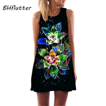 Bhflutter vestido estampado floral digital 3d, nova chegada de vestido casual folgado de verão, mini vestido de chiffon preto, vestido de festa, 2019 2024 - compre barato