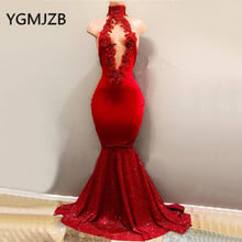 Sexy vermelho vestidos de noite longo 2019 sereia gola alta sparkly lantejoulas apliques rendas cetim feminino formal vestido de baile festa 2024 - compre barato