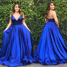 JaneVini-Vestidos de Fiesta azules reales con espalda descubierta para mujer, vestido de Gala largo con cuello en V y tirantes finos, vestidos de noche para ceremonia de satén, 2019 2024 - compra barato