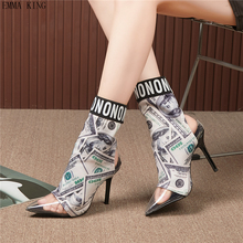 2020 Dollar Print Women Short Sock Boots Fashion PVC Pointed Toe Ankle Booties Fashion Stilettos High Heels Woman Winter Shoes 2024 - buy cheap