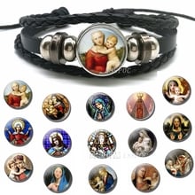 Pulsera de cuero con botón negro de la virgen maría, bebé, jesús, cristiano, religioso, caimán, arte, cúpula de cristal, regalo para madre 2024 - compra barato