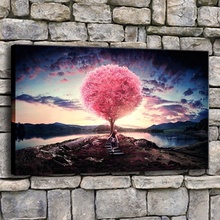 Canvas Wall Art Pictures Living Room 1 Piece Pink Tree Lake Cloud And Girl Painting Home Decor Prints Pop Abstract Poster Framed 2024 - buy cheap