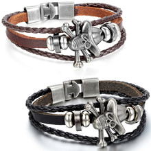 21.5cm Vintage Men Jewelry Black Leather Bracelets with Skull for Men Multilayer Braided Wrap Bracelet & Bangles pulsera hombre 2024 - buy cheap