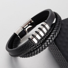 Fashion Genuine Leather Bracelet For Men Black Braid Multilayer Rope Chain Stainless Steel Magnetic Clasp Male Jewelry Gifts 2024 - buy cheap