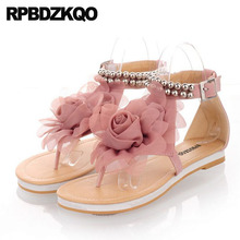 Tamanho grande sandálias femininas plana verão 2021 sapatos thong designer confortável cinta azul bege flor mais rosa embelezado frisado 2024 - compre barato