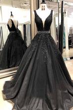 Black Long Prom Dresses 2020 Beading V-Neck Ball Gown Tulle Appliques Lace Saudi Arabic Evening Dress Gown abiye gece elbisesi 2024 - buy cheap