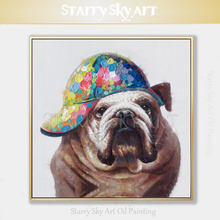 Pintura a óleo em tela de animal engraçado, pintada à mão, animal artístico, buldogue inglês, com chapéu, pintura a óleo 2024 - compre barato