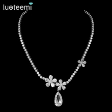 LUOTEEMI Luxury White Gold-Color Waterdrop AAA Cubic Zirconia 3 Flowers Round Chain Necklace Bridal Wedding Jewelry Accessories 2024 - buy cheap