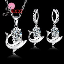 Conjunto de joyería de circonia cúbica bonita, collar y pendientes con colgante de delfín romántico de Plata de Ley 925 2024 - compra barato