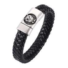 Atacado masculino jóias retro preto trançado pulseira de couro artesanal aço inoxidável fecho magnético coruja pulseiras pulseiras sp0262 2024 - compre barato