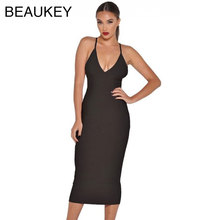 Black Spaghetti Strap Deep V Neck Sexy Women Package Hip 2015 New Fashion Bodycon  Midi Dress Blue Red Black 2024 - buy cheap
