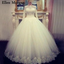 Vintage Long Sleeves Lace Ball Gowns Wedding Dresses for Women 2019 Real Photos Boat Neck Floor Length Zipper Tulle Bridal Gowns 2024 - buy cheap