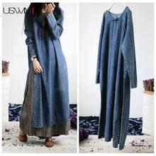 USWMIE 2020 Spring Women Dresses New Art Retro O-neck Long Sleeve Loose Denim Dress Solid Color Long Pattern Vestidos 2024 - buy cheap