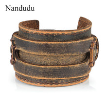 Nandudu New Arrival Leather Cuff Double Wide Bracelet Rope Brown Bangles Fashion Man Women Bracelet Unisex Jewelry Gift B1025 2024 - buy cheap