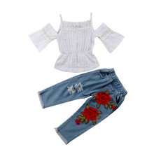 Blusas de renda sem alças + calças jeans rosa de verão, roupas de bebê para meninas, 2 peças 2024 - compre barato