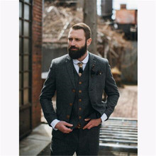 Dark Grey Tweed Men Suits For Wedding Double Breasted 3Pieces(Jacket+Pant+Vest+Tie) Latest Design Terno Masculino Groom Blazer 2024 - buy cheap