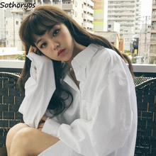Camisa feminina manga longa lisa, blusa feminina folgada simples estilo coreano 2024 - compre barato