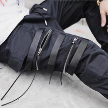 Fashion Dark Black Men's Zipper Ribbon Casual Pocket Cargo Pants Hairstylist Pants clubwear Street SlacksSpring Autumn Trousers 2024 - buy cheap