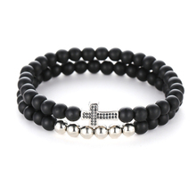 2pcs/set Natural stone Black 6mm beads Bracelets For Women Micro Pave CZ Cross Charms Bracelet Men jewelry 2024 - buy cheap