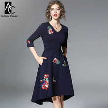 S-XXL spring summer woman dress colorful floral pattern embroidery dress v-neck asymmetric bottom 3/4 sleeve dark blue dress 2024 - buy cheap