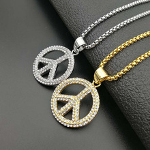 Hip Hop Rhinestones Pave Bling Iced Out Gold Silver Color Stainless Steel Peace Sign Pendnats Necklace for Men Rapper Jewelry 2024 - buy cheap