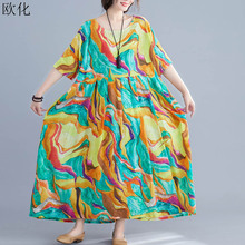 women vintage art ethnic print maxi dresses plus size 4XL 5XL 6XL summer sundress short sleeve cotton linen big swing dress 2019 2024 - buy cheap