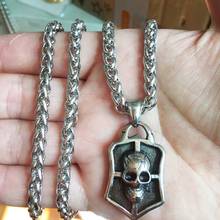 Mens Gothic Skull Stainless Steel Pendant Necklace, Silver Black, 24 inch wheat Chain 2024 - buy cheap