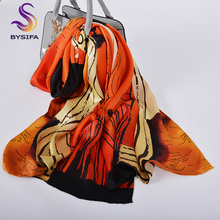 [BYSIFA] Новый женский 100% чистый Шелковый шарф, шаль, роскошный бренд, длинные шарфы в полоску и с буквами, весенние шарфы оранжевого и бежевого цвета 2024 - купить недорого