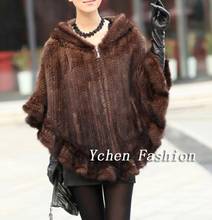 Winter Warm Poncho Shawl Women Knit Genuine Mink Fur Stoles with Hood Ponchos Mink Scarves Shawls Wraps Female 2024 - buy cheap