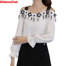 Women Spring Summer Style Chiffon Blouses Shirts Lady Casual Flower Appliques Long Flare Sleeve Off Shoulder Blusas DF3054 2024 - buy cheap