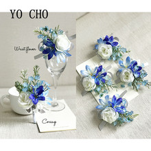 YO CHO Royal Blue Rose Wrist Corsage Bracelet Hand Flowers Brooch Party Bridal Prom Wedding Decor Photography Props Boutonniere 2024 - buy cheap