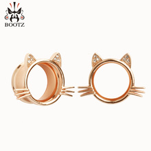 Розовое золото кошка стиль пирсинг в уши, туннели, Хрустальные затычки для ушей из нержавеющей стали, ушные датчики, ювелирные изделия для тела, разные размеры, оптовая продажа 2024 - купить недорого