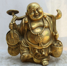 USPS para OS EUA S2173 11 "Brass Chinês Ru Yi Yuan Bao Fu dinheiro Feliz Laugh Buda Maitreya Estátua 2024 - compre barato