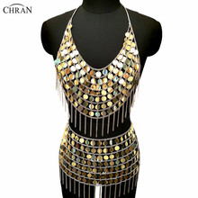 Chran Lantejoulas De Ouro Sereia Vestido Sutiã Top Colheita Bralette Chainmail Harness Colar Festival Burning Man Desgaste Sexy Saia de Ibiza 2024 - compre barato