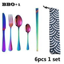 6 pçs/set Rainbow conjunto de Talheres de Viagem Portátil Conjunto de Talheres de Aço Inoxidável Louça Faca Garfo Colher Pauzinho colher de Gelo Saco 2024 - compre barato