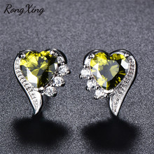 RongXing-pendientes de plata con forma de corazón para mujer, aretes de tuerca con ondas, zirconia, verde olivo, piedra de nacimiento, 0845 2024 - compra barato