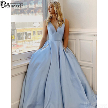 Sky Blue Prom Dresses 2020 A-Line Satin V-Neck Long Prom Gown with Beaded Pockets vestido de festa longo Evening Party Dress 2024 - buy cheap