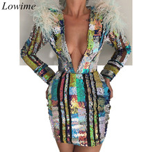 New Dubai Couture Mini Cocktail Dresses 2019 Long Sleeves Deep V-Neck Feathers Sexy Evening Party Gowns Women Robe De Soiree 2024 - buy cheap