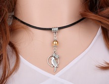 Vintage Silver Parrot Bird &Glass Charms Collar Black Leather Choker Necklace Pendants Women Clothing Jewelry Accessories 2024 - buy cheap