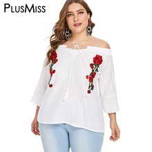 PlusMiss Plus Size Sexy Off The Shoulder Blusa 5XL Flor Bordado Floral Branco Boho Solto Encabeça Mulheres Tamanho Grande XXXXL XXXL 2024 - compre barato
