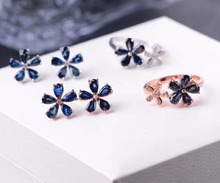 Simple and stylish sapphire suit, ring stud earrings, 925 silver, natural gemstones, flower design 2024 - buy cheap