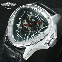 WINNER Fashion Crative Auto Mechanical Watch Men Skeleton Dial Triangle Design Top Brand Luxury Leather Strap Wristwatches 2019 2024 - buy cheap
