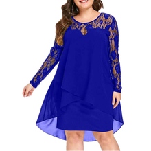 Summer large size 1XL-5XL women's long section round neck stitching lace long sleeve sexy dress 2024 - buy cheap