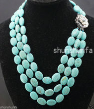 NATURAL 3ROWS 13X18mm blue Turquoise Necklace AAA+ Shell clasp 18--20 inch 2024 - buy cheap