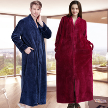 New Women Men Extra Long Winter Warm Bathrobe Plus Size Pregnant Zipper Bath Robe Luxury Soft Grid Flannel Thermal Dressing Gown 2024 - buy cheap